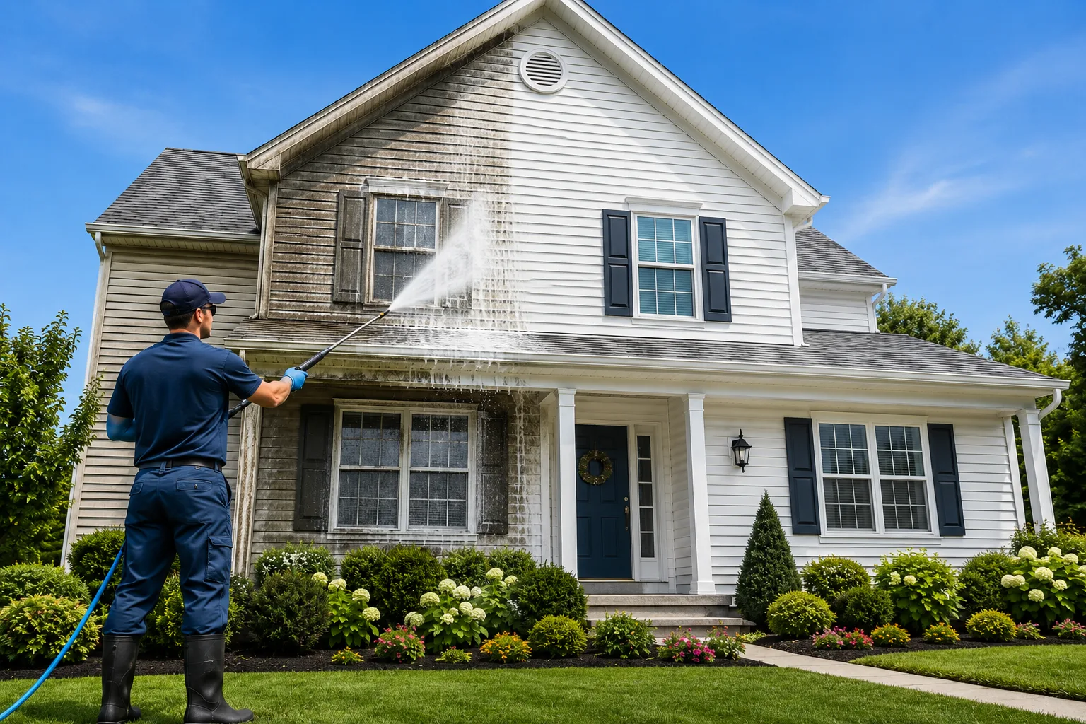 Clean Birmingham suburban home exterior after a soft-wash, taken from the driveway approach