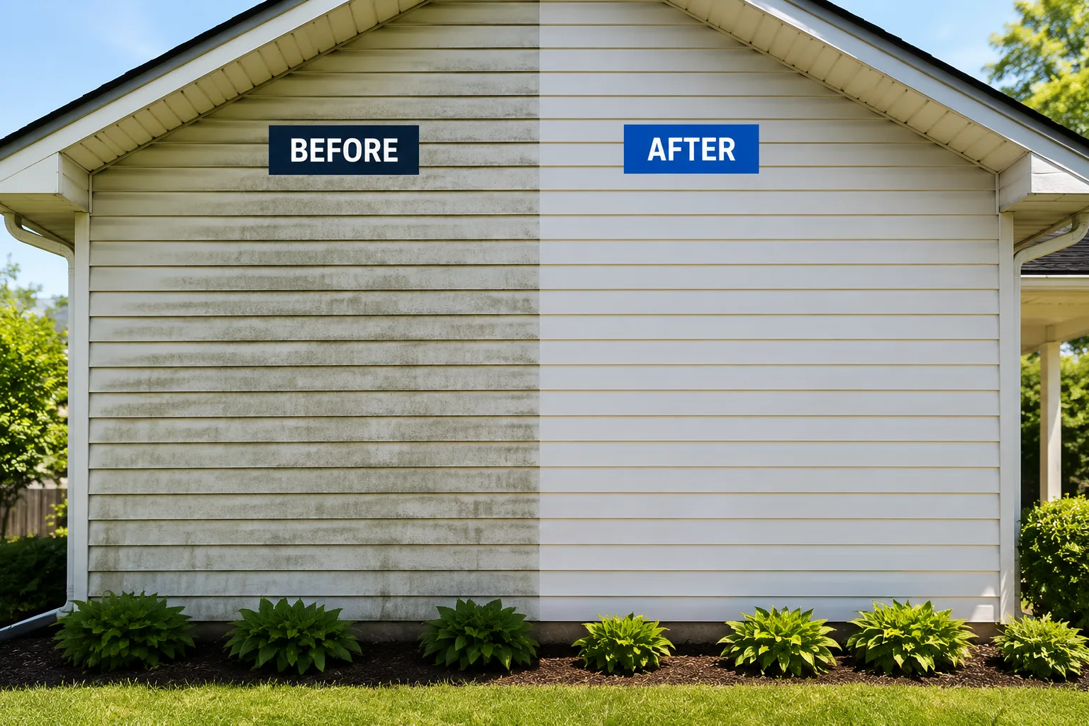 Birmingham home exterior with garage and clean driveway after the wash