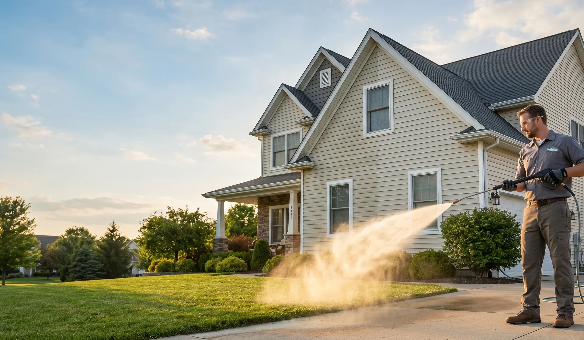 Soft-wash technician cleaning a two-storey home exterior at golden hour in a Birmingham neighbourhood