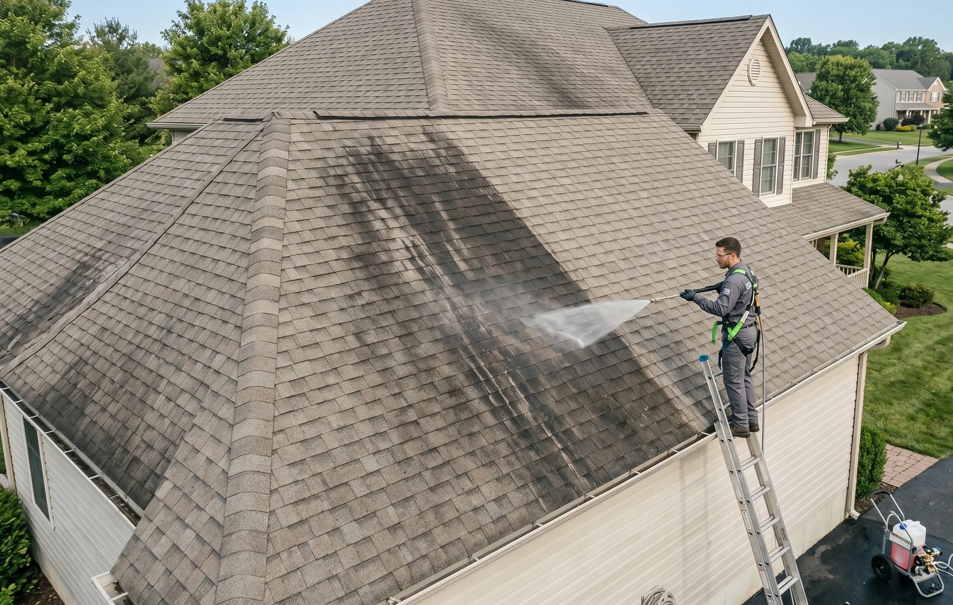 Birmingham chimney being cleaned with ARMA-compliant no-walk method from extension wand
