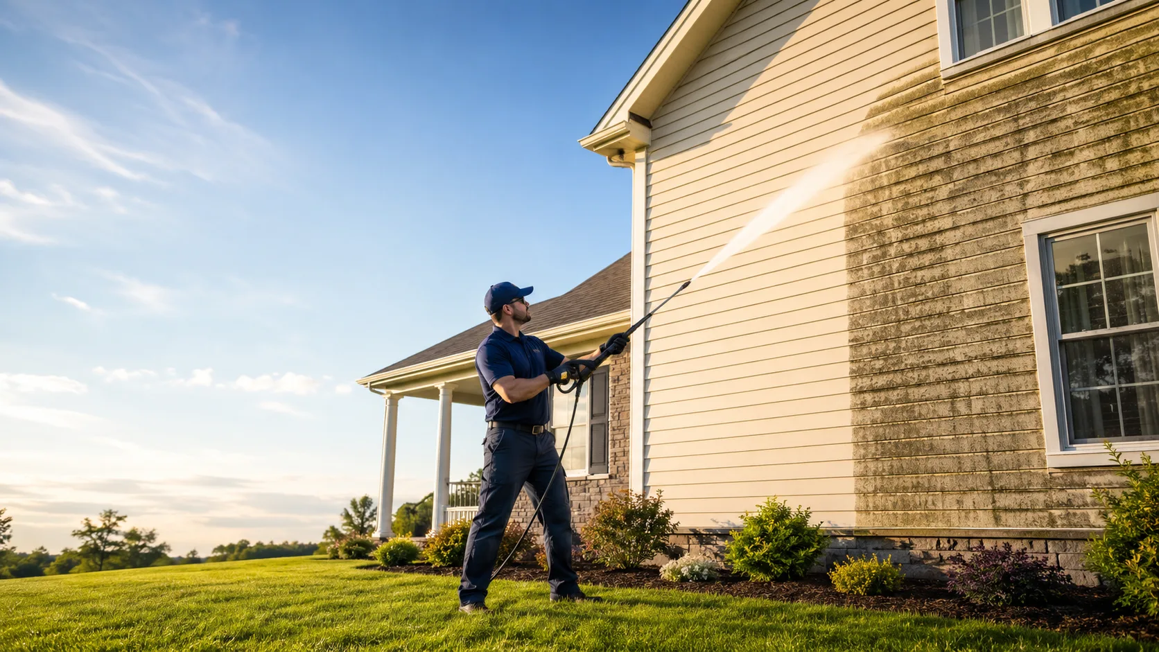 Birmingham technician soft-washing the upper storey of a vinyl-siding home with a low-pressure surfactant rig