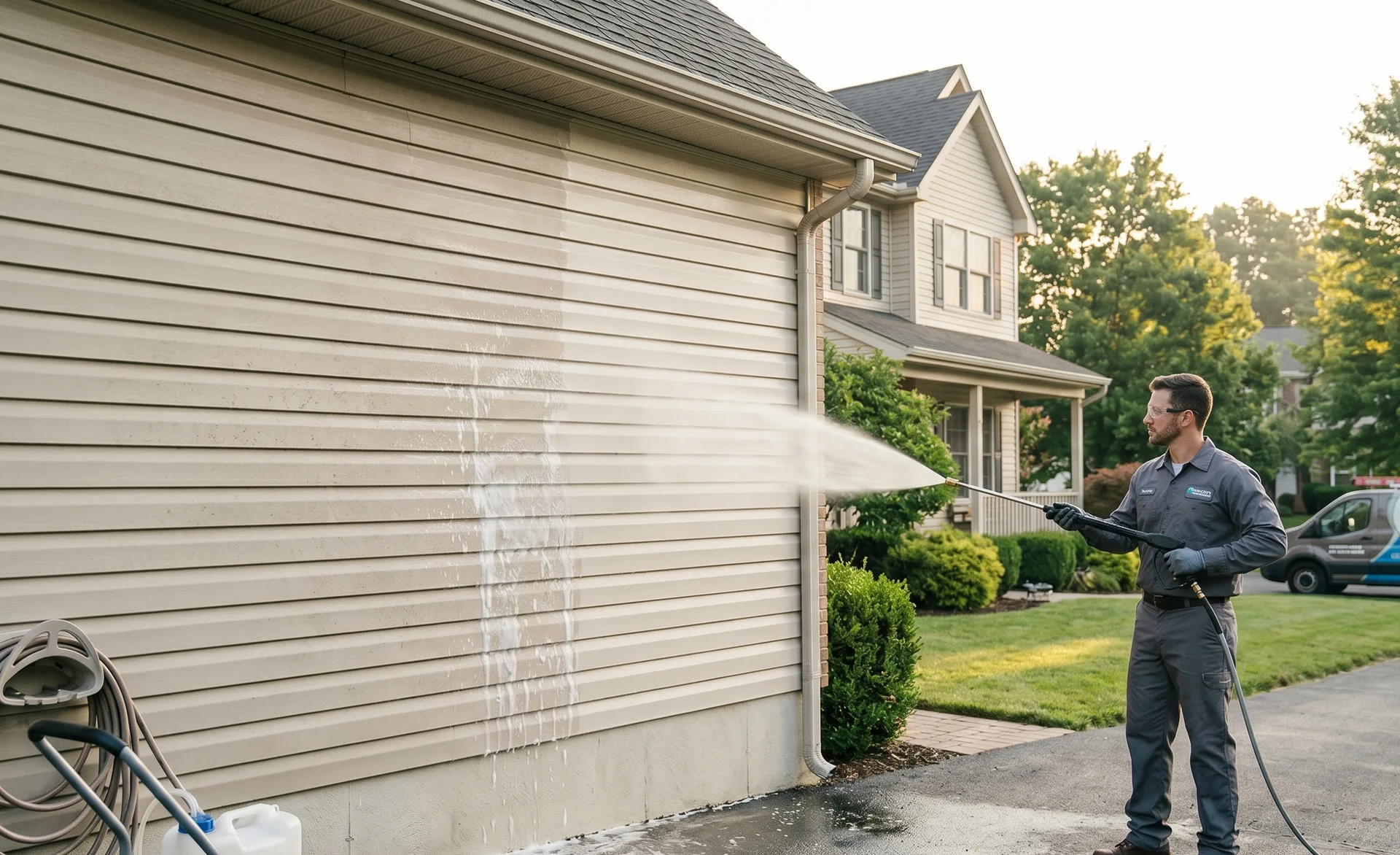 Close-up of soft-wash chemistry being applied to delicate vinyl siding in Birmingham